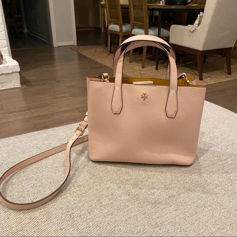 Tory Burch Pink Pebbled Leather Crossbody Purse with Yellow Interior - NEW